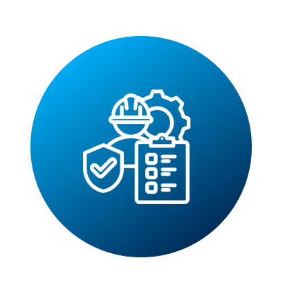 White line icon on a blue circular background showing a construction worker with a hard hat, a gear, a checklist clipboard, and a shield with checkmark, symbolizing safety and project management at MOL Asia and Oceania.