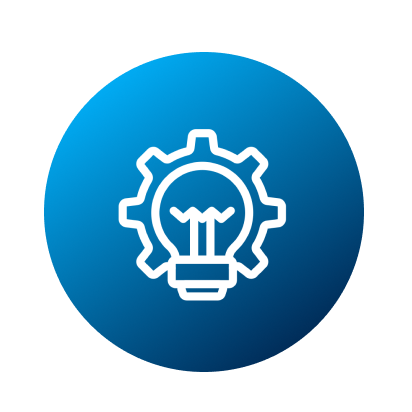 White outline of a light bulb inside a gear, centered on a blue circular gradient background, representing MOL Asia and Oceania’s innovation or ideas in technology or engineering.