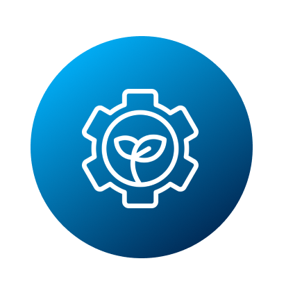 White gear icon with a plant sprout inside, symbolizing eco-friendly or sustainable technology, centered on a blue circular gradient background—perfect for representing MOL Asia and Oceania’s commitment to innovation and sustainability.