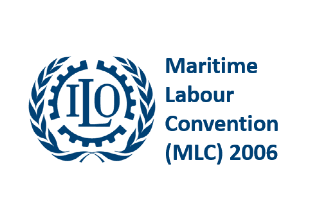 Logo of the International Labour Organization (ILO) next to the text Maritime Labour Convention (MLC) 2006 on a light background. The logo features a gear and laurel wreath design.