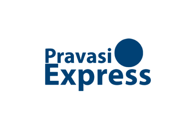 Logo for Pravasi Express featuring the text Pravasi Express in bold blue letters, with a large blue dot above the letter r in Express, on a light gray background.