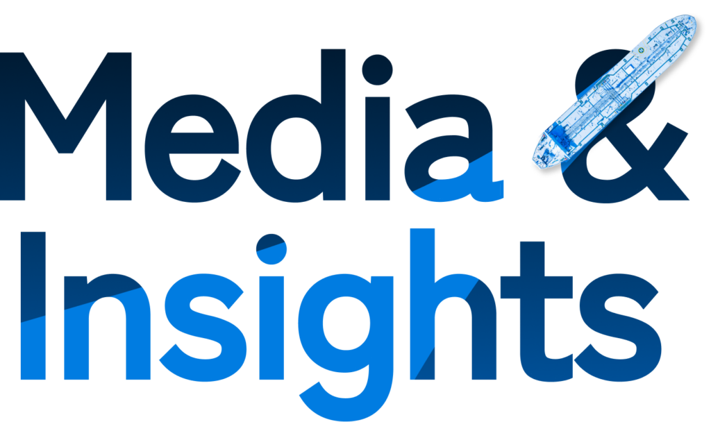 Large bold text reads “Media & Insights MOL” with a small blue and white model container ship placed on top of the letter “&”. The background is white.