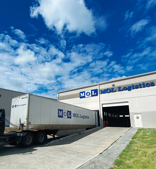 A truck labeled "MOL Logistics" backs into a loading bay of a large warehouse under a bright blue sky with scattered clouds, conveying efficiency.