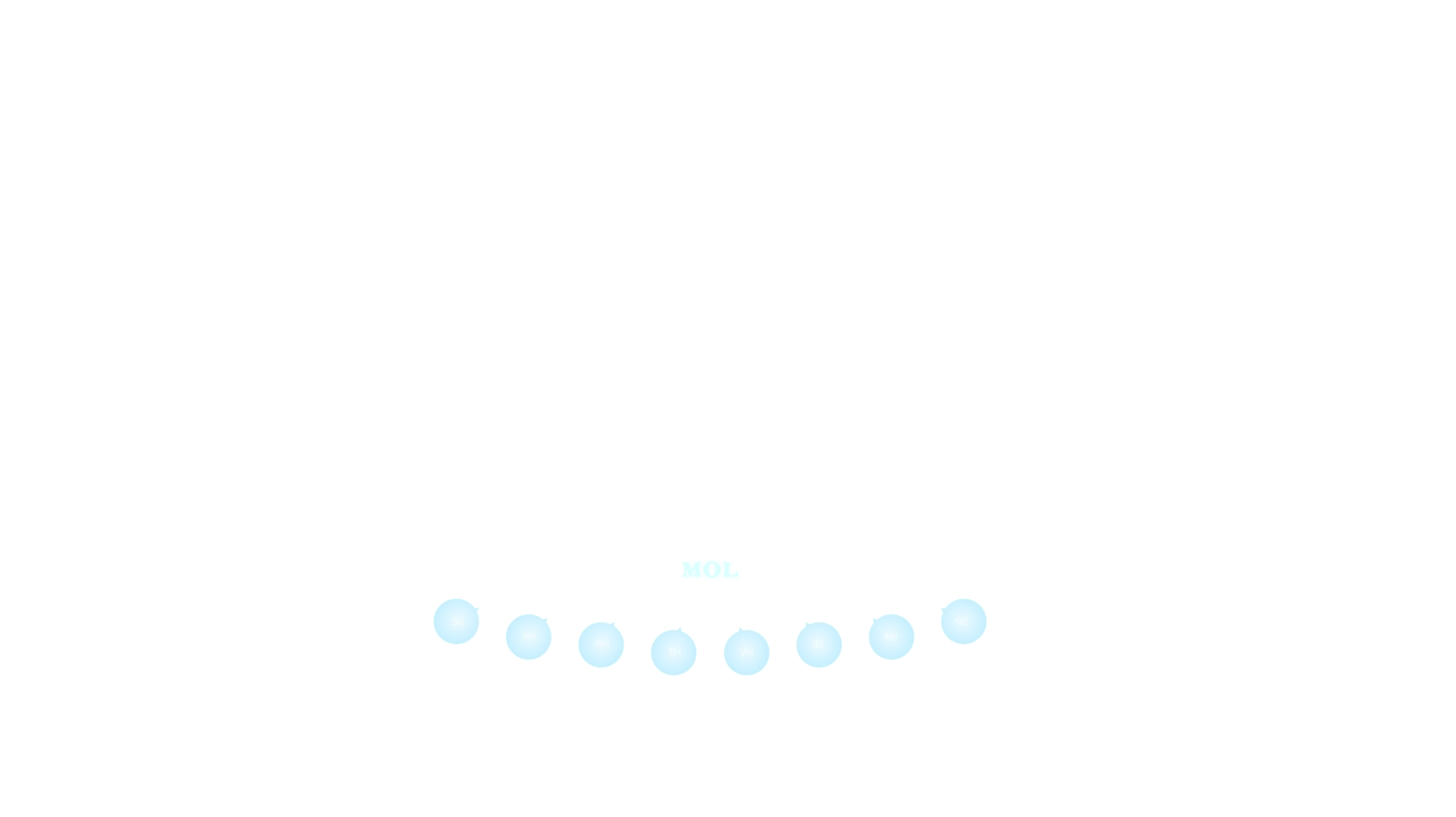 A series of nine small, dark blue circles with faint glow form a horizontal line against a black background. Each circle contains abbreviations. Centered above is the word "MOL" in white text.