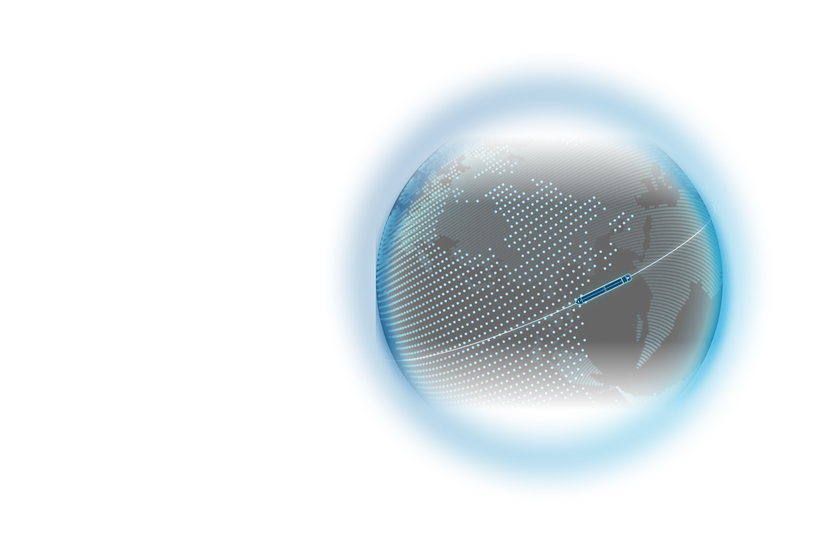 A digital illustration of a globe made up of white and blue dots, surrounded by a glowing blue ring, set against a black background. Lines encircle the globe, suggesting global connectivity or data transfer.