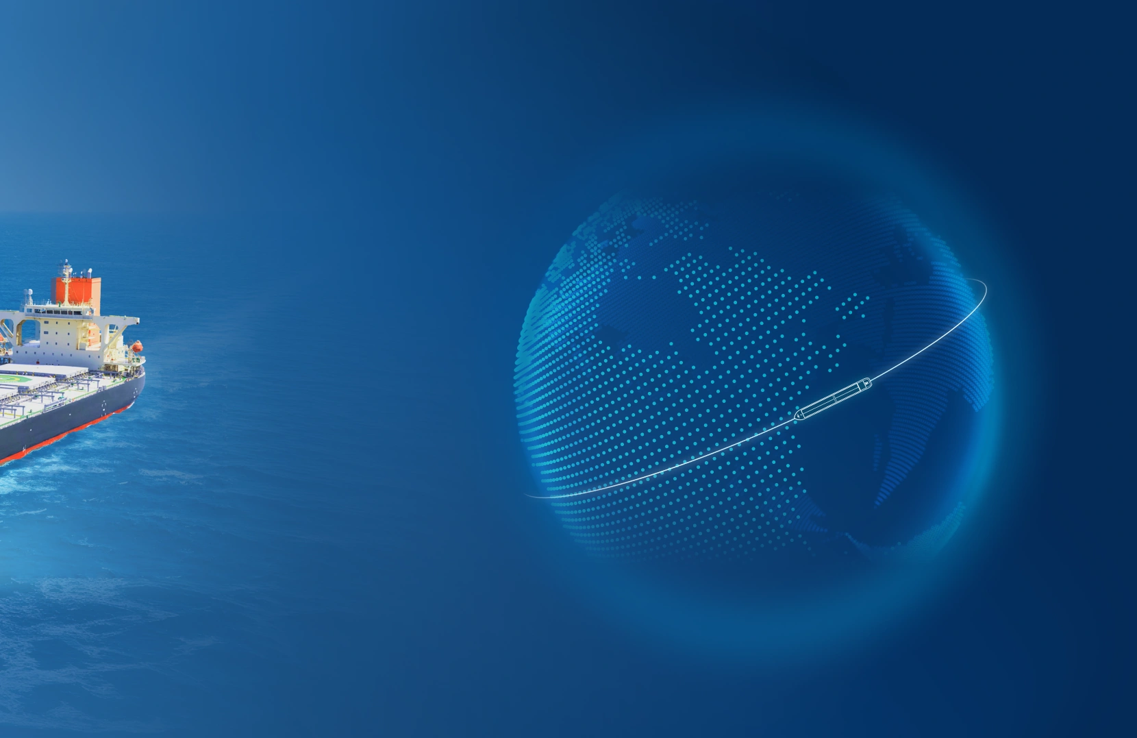 A large cargo ship sails on the ocean at the left, while a digital, dotted representation of a globe with a curved line appears on the right, set against a blue background.