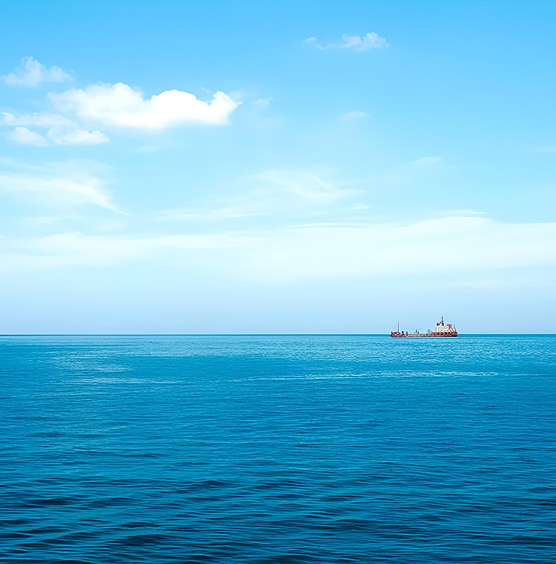 A solitary cargo ship sails on a vast, calm ocean under a bright blue sky with scattered clouds, conveying a serene and peaceful atmosphere.