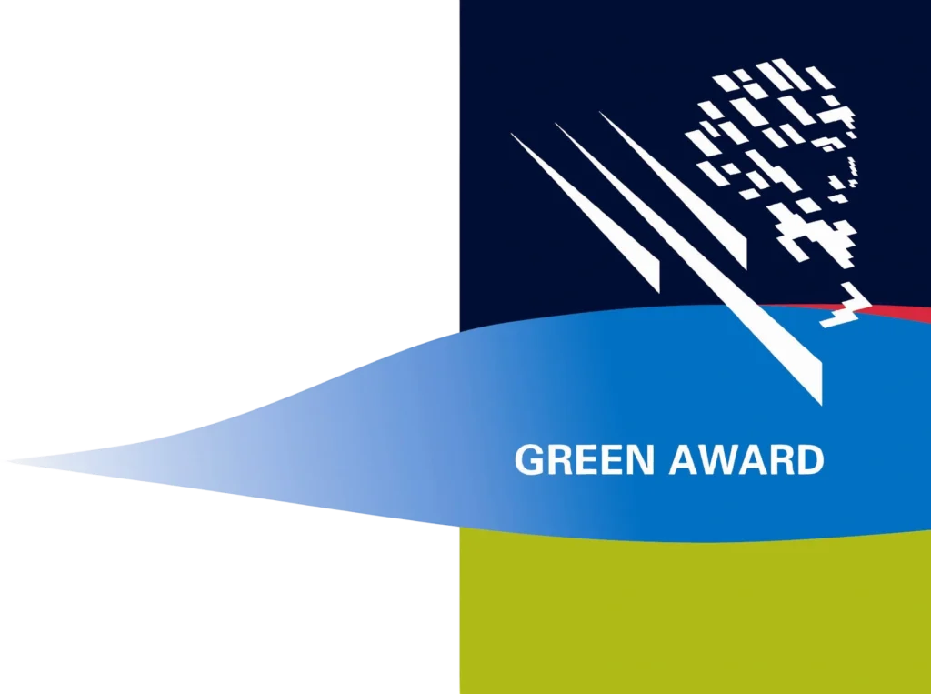 Stylized graphic with a digital pixel tree and three diagonal lines on a dark blue background. A blue banner reads "Green Award" above a green section.