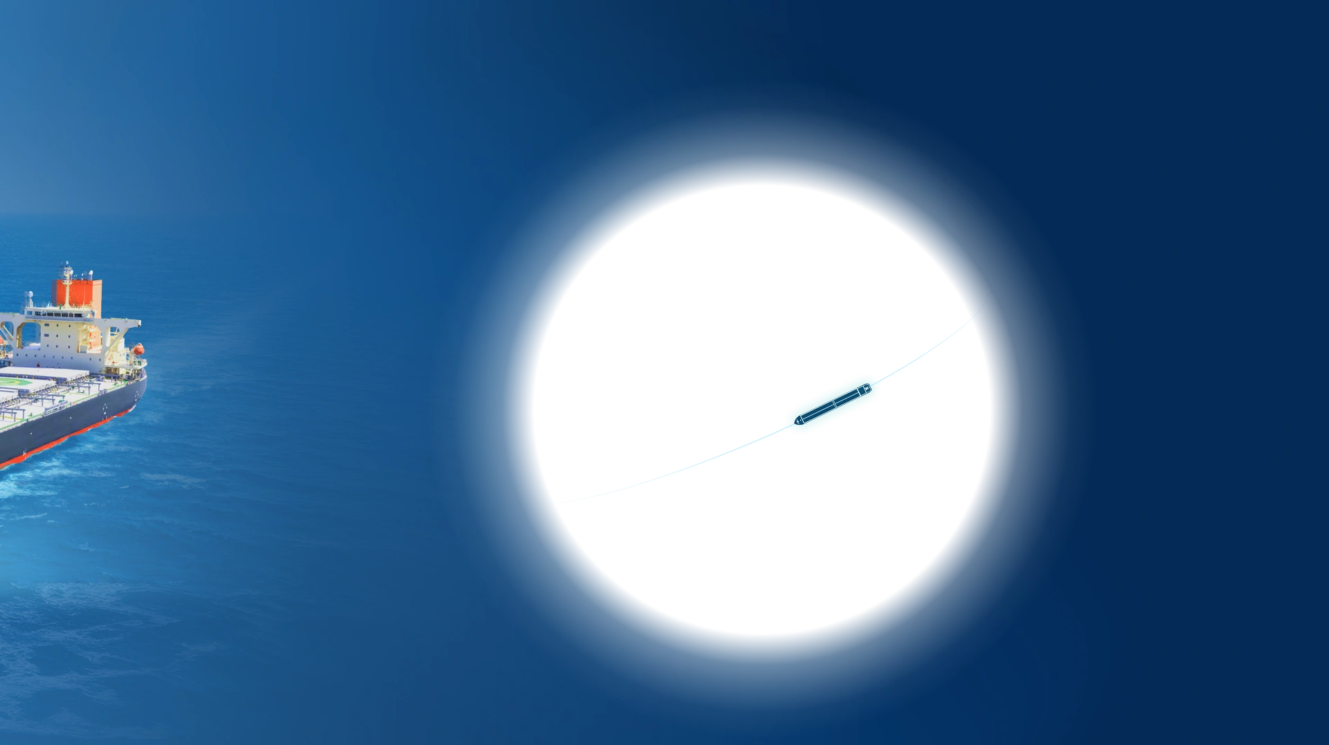 A large cargo ship sails on the ocean with a digital graphic beside it showing a small ship icon moving along a white path inside a black circle, set against a blue background.