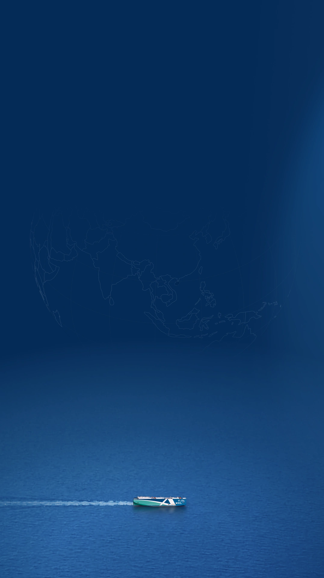 A small boat sails across a calm blue ocean with a faint, outlined map of Asia and Australia—highlighting the MOL Group Southeast Asia & Oceania—visible against a dark blue background above the horizon.